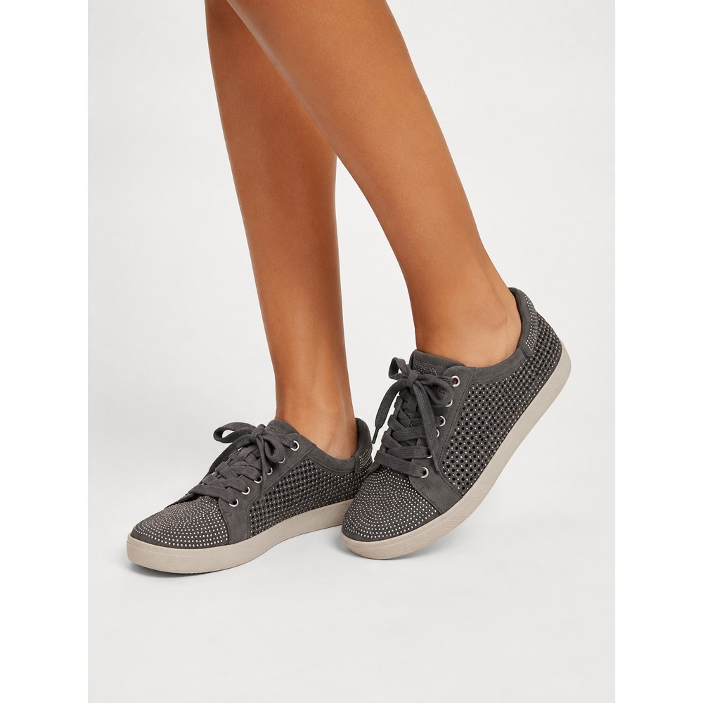 Vince Camuto Gray Leather Rhinestone Perforated Sneakers Womens 9.5M